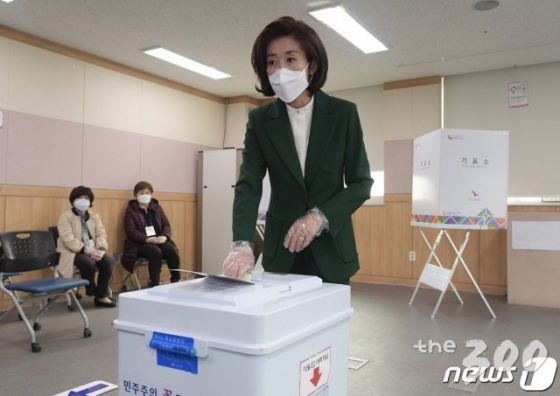 (서울=뉴스1) 임세영 기자 = 제21대 국회의원선거 동작구을에 출마한 미래통합당 나경원 후보가 15일 오전 서울 동작구 사당1동 주민센터에서 투표를 하고 있다. 2020.4.15/뉴스1