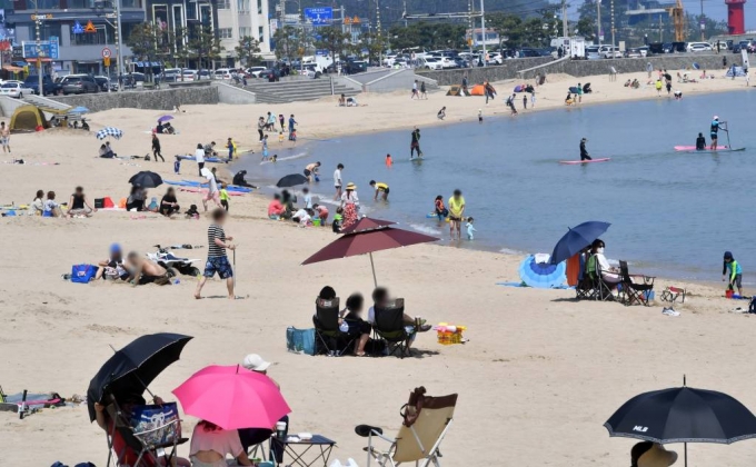 [부산=뉴시스] 하경민 기자 = 초여름 날씨를 보인 31일 오후 부산 해운대구 송정해수욕장을 찾은 시민들이 나들이를 즐기고 있다. 2020.05.31.    yulnetphoto@newsis.com