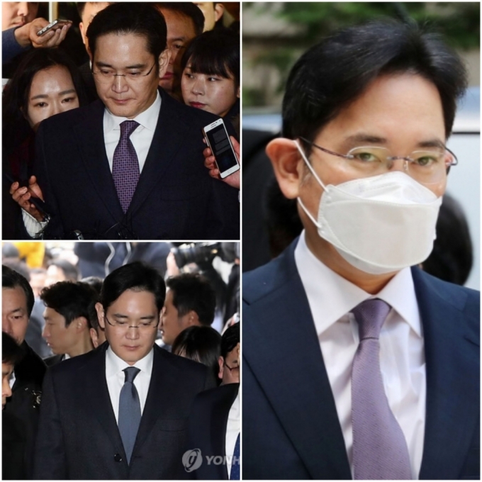 8일 구속 전 피의자심문(영장실질심사)에 참석하는 이재용 삼성전자 부회장(오른쪽). 왼쪽 위는 국정농단 특검 수사 당시 2017년 1월 19일 첫 구속영장이 청구돼 영장실질심사에 참석하는 모습. 왼쪽 아래는 2017년 2월 17일 영장 재청구 후 두번째 영장실질심사에 참석하는 모습.