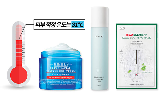 키엘 쿨링 수분 젤 크림, RMK 퍼스트 센스 쿨링젤, 닥터지 레드 블레미시 쿨 수딩 마스크/일러스트=게티이미지뱅크, 사진=각 브랜드