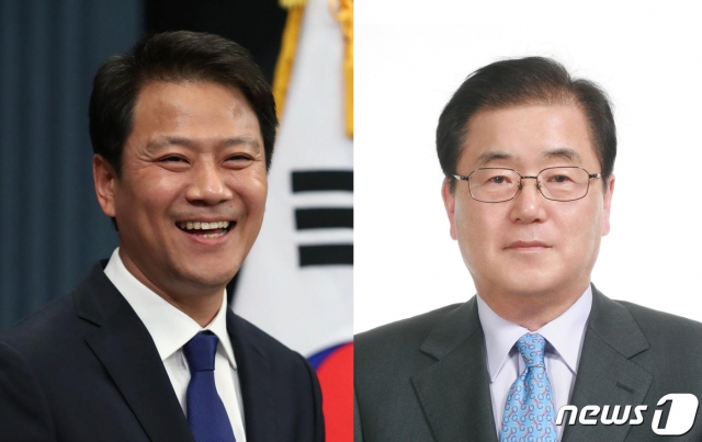 (서울=뉴스1) = 문재인 대통령이 3일 대통령 통일외교안보 특별보좌관에 임종석 전 대통령비서실장(왼쪽)과 정의용 국가안보실장을 임명했다. (청와대 제공) 2020.7.3/뉴스1