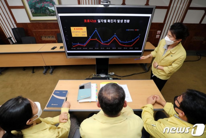 (광주=뉴스1) 황희규 기자 = 광주지역 코로나19 확진자가 잇따라 발생 중인 9일 오전 광주 북구청 상황실에서 구청 직원들이 확진자 발생 현황을 살펴보고 있다. 2020.7.9/뉴스1