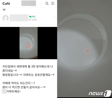 지난 19일 청주지역 한 맘카페에 수돗물 유충을 발견했다는 글이 잇따라 게시돼 주민이 불안감을 호소하고 있다. 사진은 수돗물 유충을 발견했다는 맘카페 게시물. (해당 게시글 갈무리)2020.7.20/사진=뉴스1