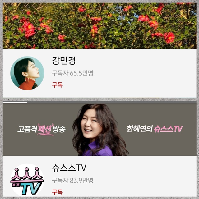 그룹 다비치 멤버 강민경의 유튜브 채널 '강민경'과 스타일리스트 한혜연의 '슈스스TV'. /사진=유튜브 화면 캡처