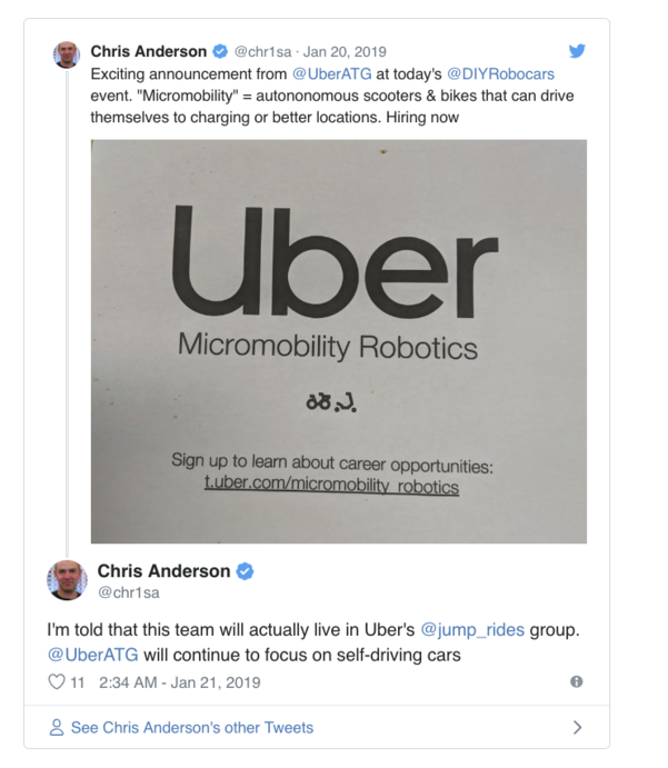 크리스 앤더슨 3D 로보틱스 최고경영자가 우버 산하의 ‘점프 라이드 그룹'이 자율주행 스쿠터, 자율주행 자전거 개발 프로젝트를 진행할 것이란 귀뜸을 받았다고 밝혔다./사진=트위터