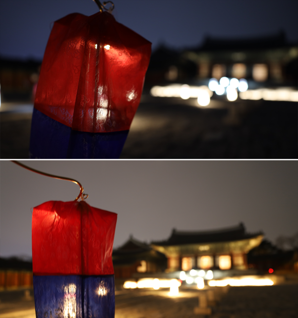 상단에 찍은 사진이 RF 28-70㎜, 하단 사진이 EF 24-70㎜ 렌즈로 찍은 사진. 상단 사진은 F2.0으로 찍히고 하단은 F2.8로 찍혀 청사초롱 뒤로 찍힌 창경궁 명정전더 더 흐리고 부드럽게 나타나는 사진을 확인할 수 있다. /김범수 기자