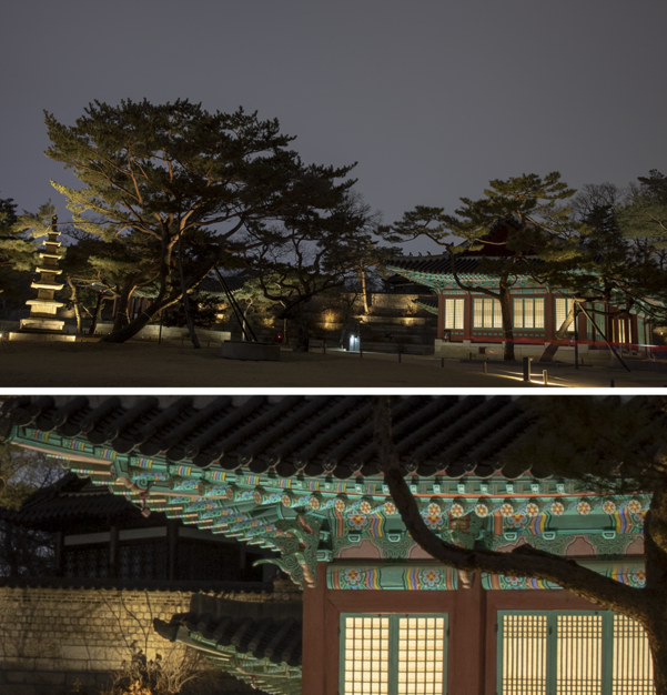 EOS R바디에서 RF 28-70㎜ 렌즈로 찍은 창경궁 야경. 100% 확대해 아래에 붙인 부분을 보면 암부, 명부 표현이 상당히 깨끗한 점을 확인할 수 있다. /김범수 기자