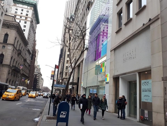 맨해튼 5번가 명품거리. 비어있는 매장 쇼윈도에는 임대를 알리는 부동산 회사들의 광고문구가 붙어있다./유윤정 기자