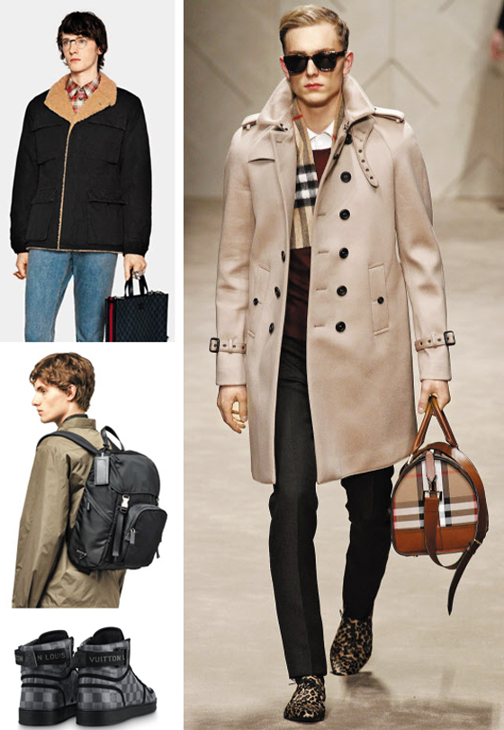 남성 쇼핑족들의 지갑이 명품 시장을 향해 활짝 열리고 있다. 큰 사진은 버버리 모델이 한껏 차려입은 모습. 구찌, 프라다의 가방과 루이비통의 신발(왼쪽 위부터) 등이 남성들에게 인기를 끌고 있다. /롯데백화점