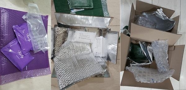 배송된 신선식품을 받아보니 판지 박스는 기본에 포장뽁뽁이, 일회용 비닐, 은박 보냉팩, 에어캡, 아이스팩, 드라이아이스 등이 들어있었다. / 이재은 기자