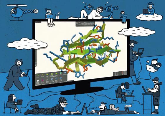 미국 워싱턴대 연구진이 개발한 단백질 구조 탐색 게임 '폴드잇'(화면 안). 나뭇가지 모양의 아미노산을 옮기며 가장 적합한 단백질 구조를 찾는 게임이다. /사진=미국 워싱턴대, 일러스트=박상훈