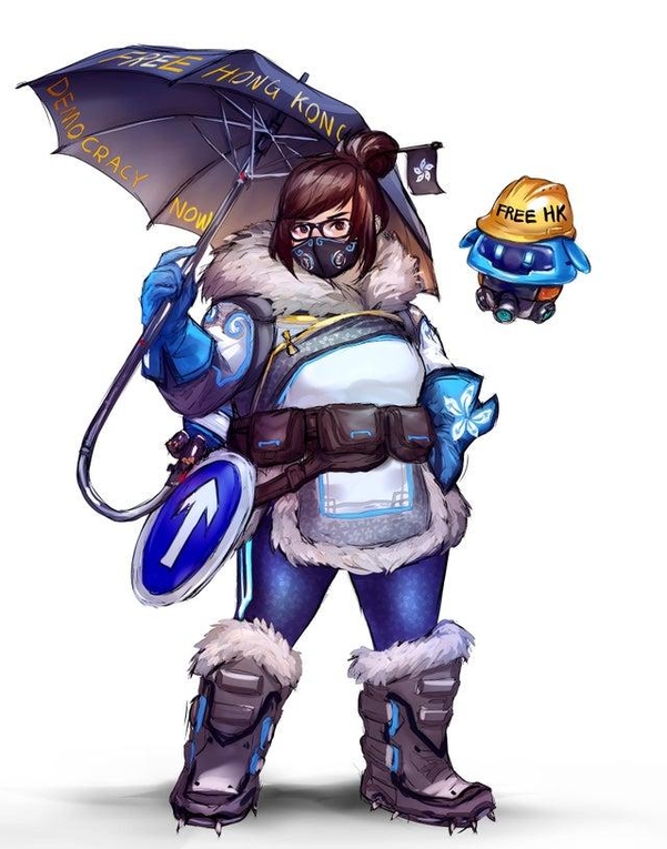 블리자드가 대회에서 ‘홍콩 해방’을 외친 홍콩 출신 게이머를 징계하자, 게이머들은 블리자드 게임 속 중국인 캐릭터 ‘메이’를 홍콩 시위대로 묘사하는 그림을 올리며 반발하고 있다. /레딧 캡처