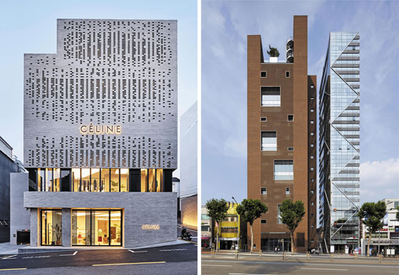 서울 강남 빌딩 시공 분야에서 압도적 실적을 보유한 이안알앤씨가 지은 강남구 청담동 명품 거리 '셀린느' 매장 건물(왼쪽)과 강남대로의 '원앤원' 빌딩. /이안알앤씨 제공