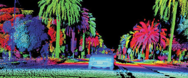 라이다가 보면 이렇게 보인다 - 라이다로 촬영한 미국 샌프란시스코 팰로앨토 인근 도로 사진. 야자수가 좌우로 늘어선 모습이 3D 지도 형태로 구현됐다. /와이어드 홈페이지