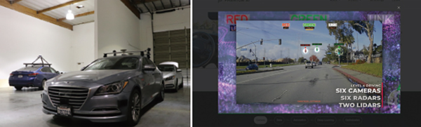 (왼쪽)팬텀AI 미국 본사 차고에 자율주행차가 주차돼 있다. 자율주행차에 설치된 라이다 가격은 수억원에 이르기도 한다./ 임수정 기자