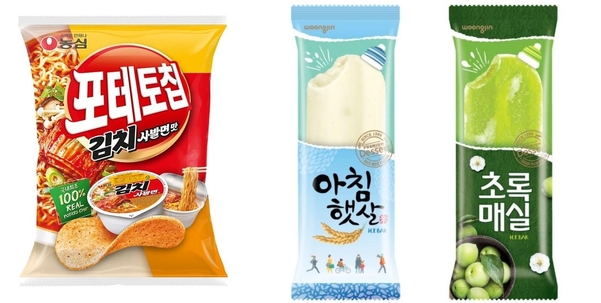 왼쪽부터 농심 신제품 ‘포테토칩 김치사발면맛’, 웅진식품의 ‘아침햇살’, ‘초록매실’ 빙과. /각사 제공