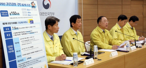 홍남기(가운데) 경제부총리 겸 기획재정부 장관과 각 부처 장·차관들이 지난달 16일 오전 세종시 정부세종청사에서 2차 추가경정예산안 관련 합동브리핑을 하고 있다. /연합뉴스