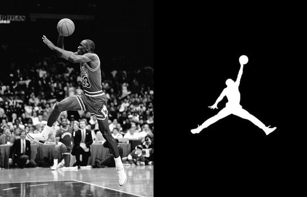 시카고 불스 시절의 마이클 조던(왼쪽)과 그의 덩크 동작을 본떠 만든 나이키의 ‘점프맨’ 로고./넷플릭스, 나이키