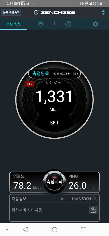 레이어 스플리터 기술이 적용된 SK텔레콤 분당 사옥 5G 인빌딩 속도 측정 결과값