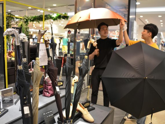 ▲롯데백화점 부산본점 4층 다비드컬렉션 매장에서 이태리 장인이 수작업으로 만든 명품 패션 우산 ‘파소티’를 선보이고 있다. 파소티 우산은 나무와 금속으로 다양한 동물 모양 등으로 조각·가공해 예술작품을 연상케 하는 손잡이가 특징이다./사진=롯데쇼핑 제공