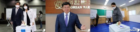 법조 3륜 수장인 김명수 대법원장(왼쪽부터)과 이찬희 대한변호사협회장, 윤석열 검찰총장이 제21대 국회의원 선거일인 15일 투표소를 찾아 각각 한표를 행사했다./사진=뉴스1