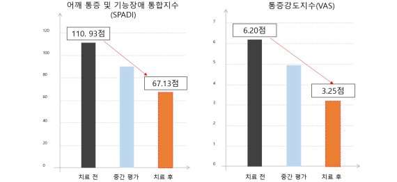 어깨수술 환자에게 2주간 약침, 한약, 부항치료 등 한의복합재활치료 후 어깨통증 및 기능장애 통합지수는 110.93점에서 67.13점으로 통증강도 지수의 경우 6.2점에서 3.25점으로 개선됐다. 한의학연구원 제공