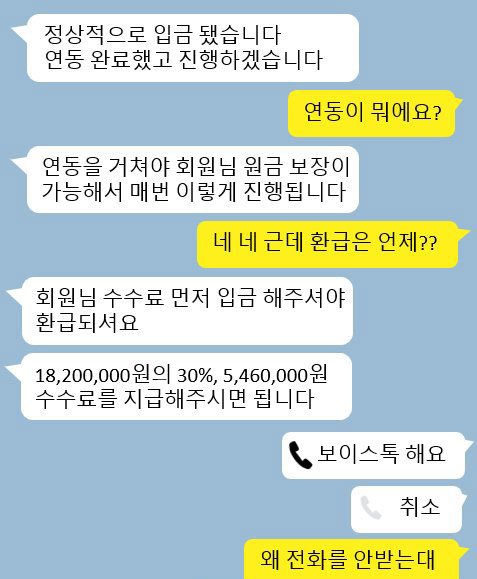 경찰이 재구성한 필리핀에서 사기 도박사이트를 운영한 피의자 일당과 피해자의 대화. 피의자들은 수익금 출금을 요청하면 '수수료 선입금이 필요하다'며 부당이득을 올린 것으로 드러났다. 경찰청 제공