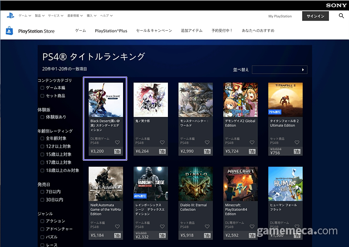▲ 일본 PS스토어 랭킹 1위를 기록한 '검은사막' (사진제공: 펄어비스)