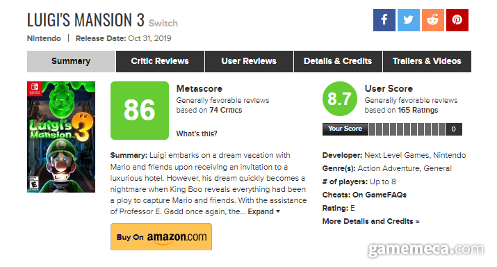 ▲ '루이지 맨션 3' 메타크리틱 현황 (사진출처: 메타크리틱 공식 홈페이지)