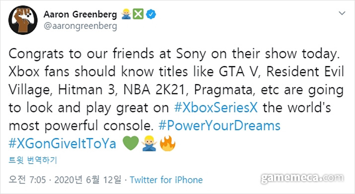 ▲ Xbox 마케팅 총괄 아론 그린버그의 트위터 (사진: 아론 그린버그 트위터 갈무리)