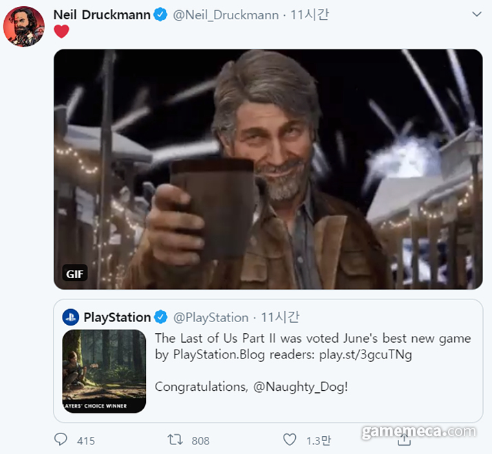 ▲ 6월 플레이어 초이스 선정 소식에 하트 트윗을 게재한 닐 드럭만 (사진출처: 닐 드럭만 트위터)