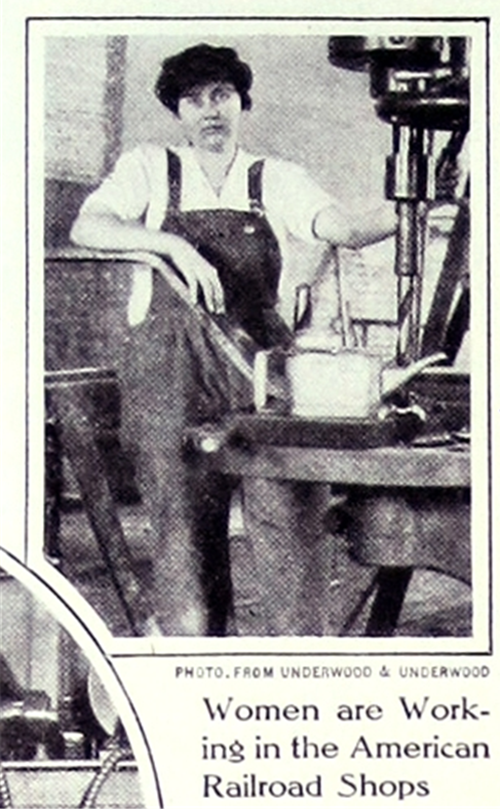 1917년 미국의 한 여성 잡지에 실린 사진. 철도창 근로 여성이 멜빵 바지를 입고 있다. /출처=@www.theworldwar.org