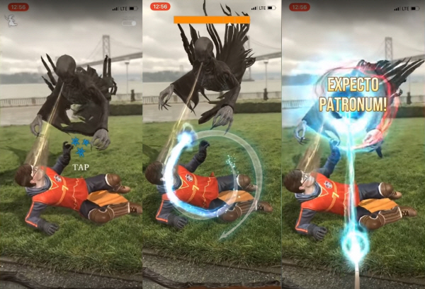 해리포터 속 마법 세계를 재현한 모바일 AR 게임 '해리포터: 위저드 유나이트'의 시연 영상이 공개됐다. 캡처 화면은 플레이어가 디멘터를 제거하는 모습. [사진 출처 = 유튜브 'Game Clips And Tips' 채널 캡처]