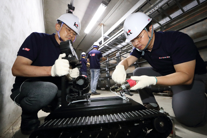 KT 네트워크부문 직원들이 통신구에 설치된 지상형 5G 로봇을 점검하고 있다. [사진 제공 = KT]