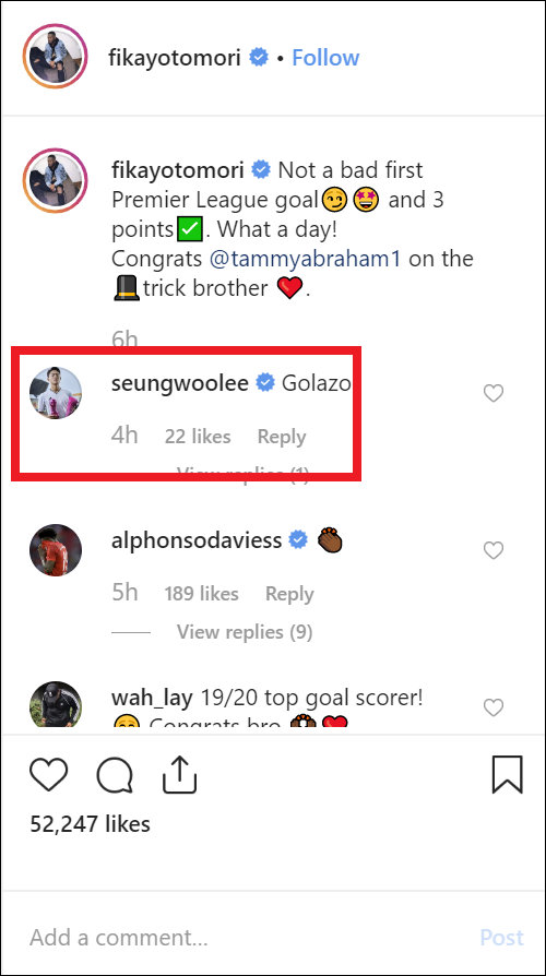 이승우는 토모리 SNS에 첼시 A팀 첫 득점을 축하하는 코멘트를 남겼다. 사진=피카요 토모리 인스타그램 화면