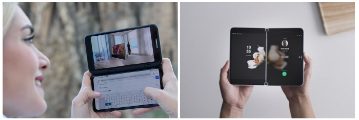 첫 듀얼스크린 스마트폰 LG V50씽큐(왼쪽)과 MS의 서비스 듀오. [사진제공 = 각 사]