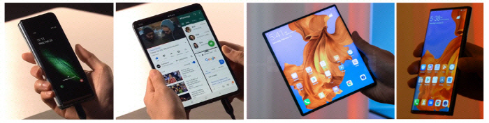 폴딩 방식의 삼성전자 `갤럭시폴드`(왼쪽)와 아웃폴딩 방식의 화웨이 `메이트X`. [사진 출처 = 유튜브 및 폰아레나]