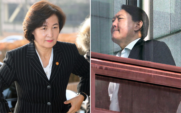 추미애 법무부 장관이 10일 오전 굳은 표정을 한 채 정부과천청사로 출근하고 있다(왼쪽 사진). 윤석열 검찰총장이 10일 점심식사를 하기 위해 대검찰청에서 별관으로 이동하고 있다. [한주형 기자 / 연합뉴스]