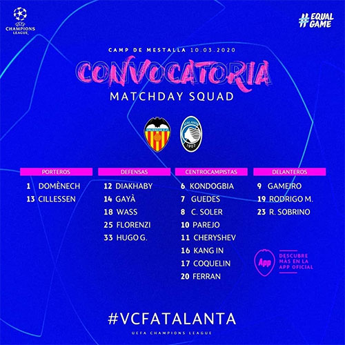 발렌시아의 이강인(16번)은 아탈란타와의 2019-20시즌 UEFA 챔피언스리그 16강 2차전을 앞두고 소집됐다. 사진=발렌시아 홈페이지