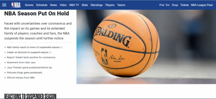 NBA사무국은 11일(현지시간) 홈페이지를 통해 "오늘 이후 예정 경기들은 추가 공지가 있을 때까지 리그 일정을 전면 중단한다"고 밝혔다.