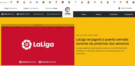 10일(현지시간) 스페인프로축구연맹(LFP)은 "코로나19위기 대응 차원에서 라리가1·2부 경기를 최소 2주간 관중없이 진행할 것"이라고 발표했다. [사진 출처 = 라리가 홈페이지]