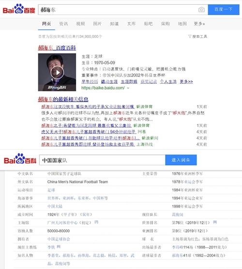 하오하이둥이 중국 공산당을 공개 비판하여 세계적인 화제다. A매치 최다골에 빛나는 현역 축구선수 시절 기록이 말살됐다는 일부 보도는 사실이 아닌 것으로 밝혀졌다. 사진=포털 ‘바이두’ 검색 화면