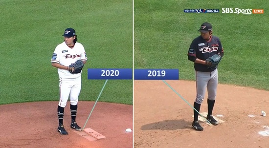 사진1. 김범수의 투수판 밟는 위치 변화. 사진캡쳐=SBS스포츠