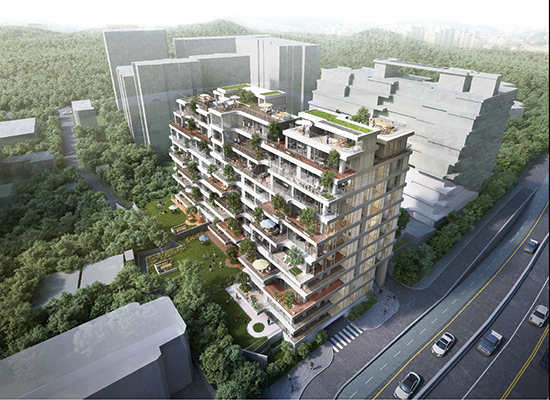 유현준 홍익대 교수가 설계한 테라스하우스 ‘아페르 한강’ 조감도. 전 가구에 나무를 식재할 정도의 넓은 테라스를 갖춘 것이 특징이다. 
<유현준건축사사무소 제공>