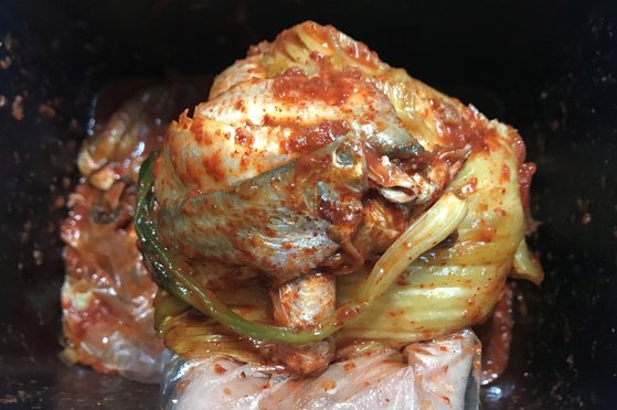 2년 묵은 밴댕이김치. 1년을 더 묵었어도 1년 묵은 김치의 밴댕이와 형태 차이는 없다.