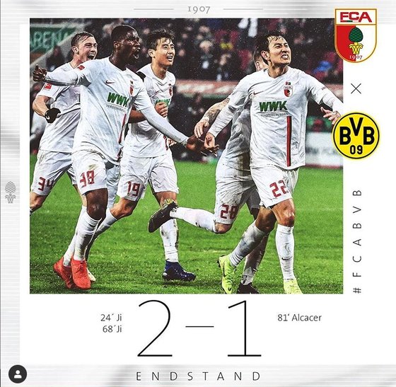 독일 아우크스부르크 공격수 지동원이 2일 선두 도르트문트를 상대로 2골을 몰아치며 승리를 이끌었다. [아우크스부르크 인스타그램]