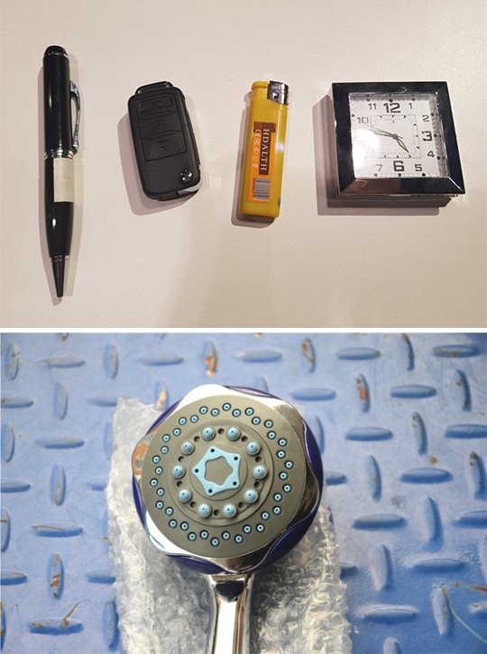 몰카가 나날이 교묘해지고 있다. 볼펜, 자동차 열쇠, 라이터, 시계 모양 몰카는 물론(위), 샤워기 구멍을 이용한 몰래카메라도 등장했다(아래). [중앙포토]