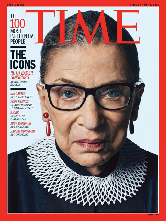 2015년 타임지가 선정한 100인 '우상' 부문에 선정된 루스 베이더 긴즈버그 대법관. [사진 TIME 홈페이지]