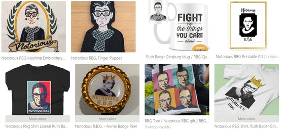 온라인에선 티셔츠, 머그컵 등 긴즈버그 얼굴이 그려진 기념품을 쉽게 찾아볼 수 있다. [사진 Etsy 캡쳐]