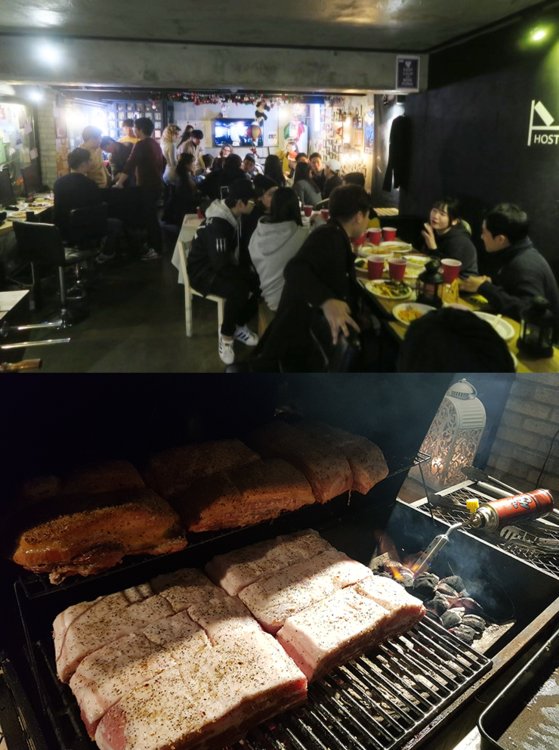 이노 게스트하우스의 바비큐 파티. 두툼한 훈제 구이와 생맥주가 주메뉴다.